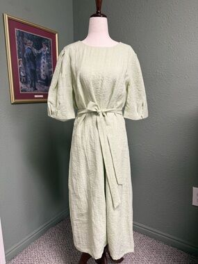 Light Green Belted Midi Dress with Puff Sleeves